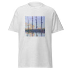 Unisex t-shirt featuring Claude Monet 'The Four Trees' artwork, shown in Ash, front view, sizes S–5XL