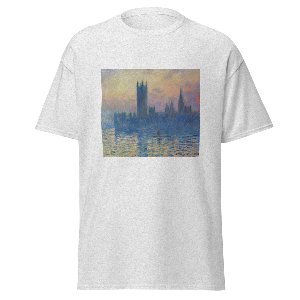 Unisex t-shirt featuring Claude Monet 'Houses of Parliament, Sunset' artwork, shown in Ash, front view, sizes S–5XL
