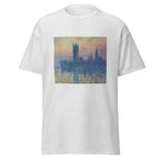 Unisex t-shirt featuring Claude Monet 'Houses of Parliament, Sunset' artwork, shown in Ash, front view, sizes S–5XL
