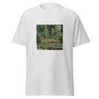Unisex t-shirt featuring Claude Monet 'Japanese Footbridge Giverny' artwork, shown in Ash, front view, sizes S–5XL