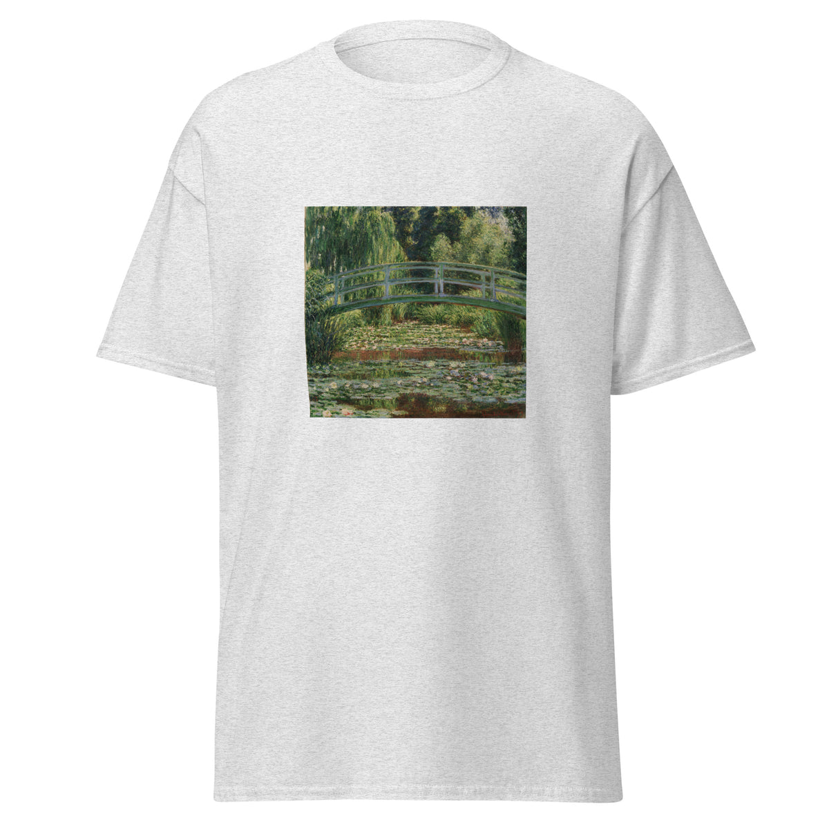 Unisex t-shirt featuring Claude Monet 'Japanese Footbridge Giverny' artwork, shown in Ash, front view, sizes S–5XL