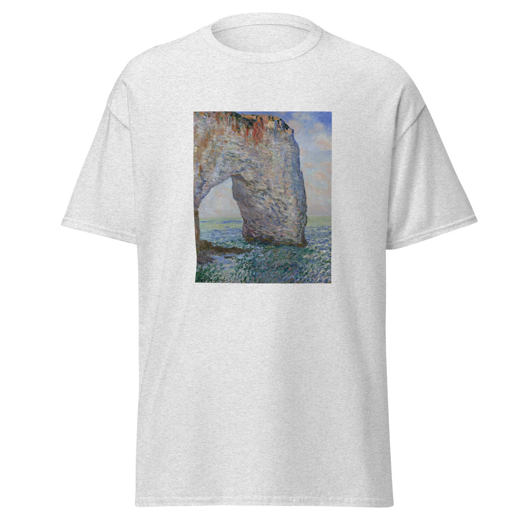 Unisex t-shirt featuring Claude Monet 'The Manneporte near Étretat' artwork, shown in Ash, front view, sizes S–5XL