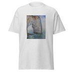 Unisex t-shirt featuring Claude Monet 'The Manneporte near Étretat' artwork, shown in Ash, front view, sizes S–5XL