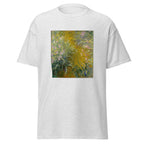 Unisex t-shirt featuring Claude Monet 'Path through the Irises' artwork, shown in Ash, front view, sizes S–5XL