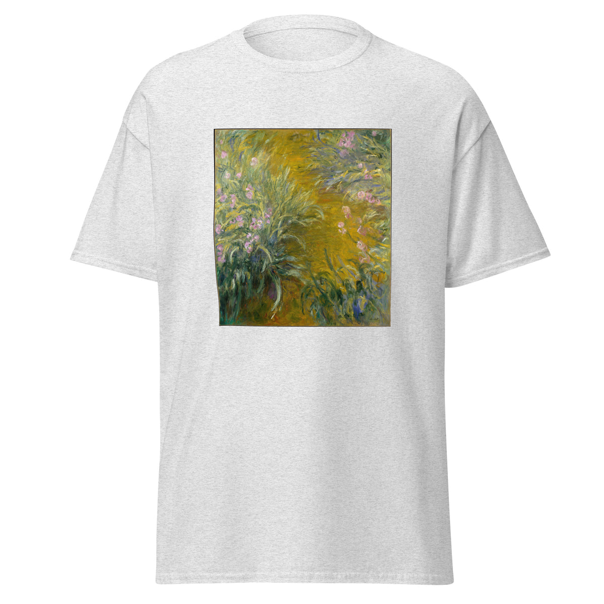 Unisex t-shirt featuring Claude Monet 'Path through the Irises' artwork, shown in Ash, front view, sizes S–5XL