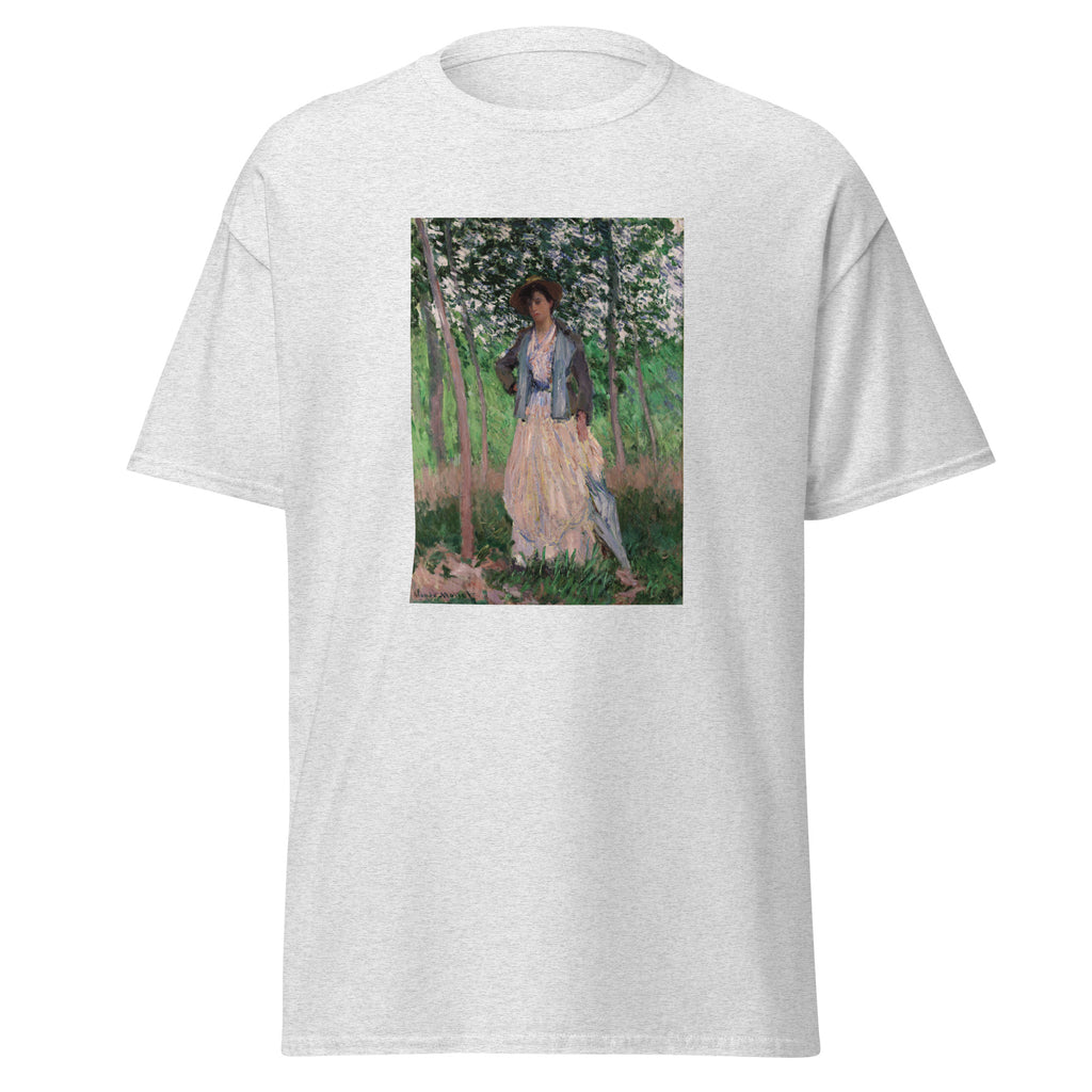 Unisex t-shirt featuring Claude Monet 'The Stroller' artwork, shown in Ash, front view, sizes S–5XL