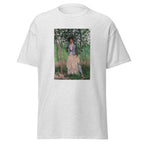 Unisex t-shirt featuring Claude Monet 'The Stroller' artwork, shown in Ash, front view, sizes S–5XL