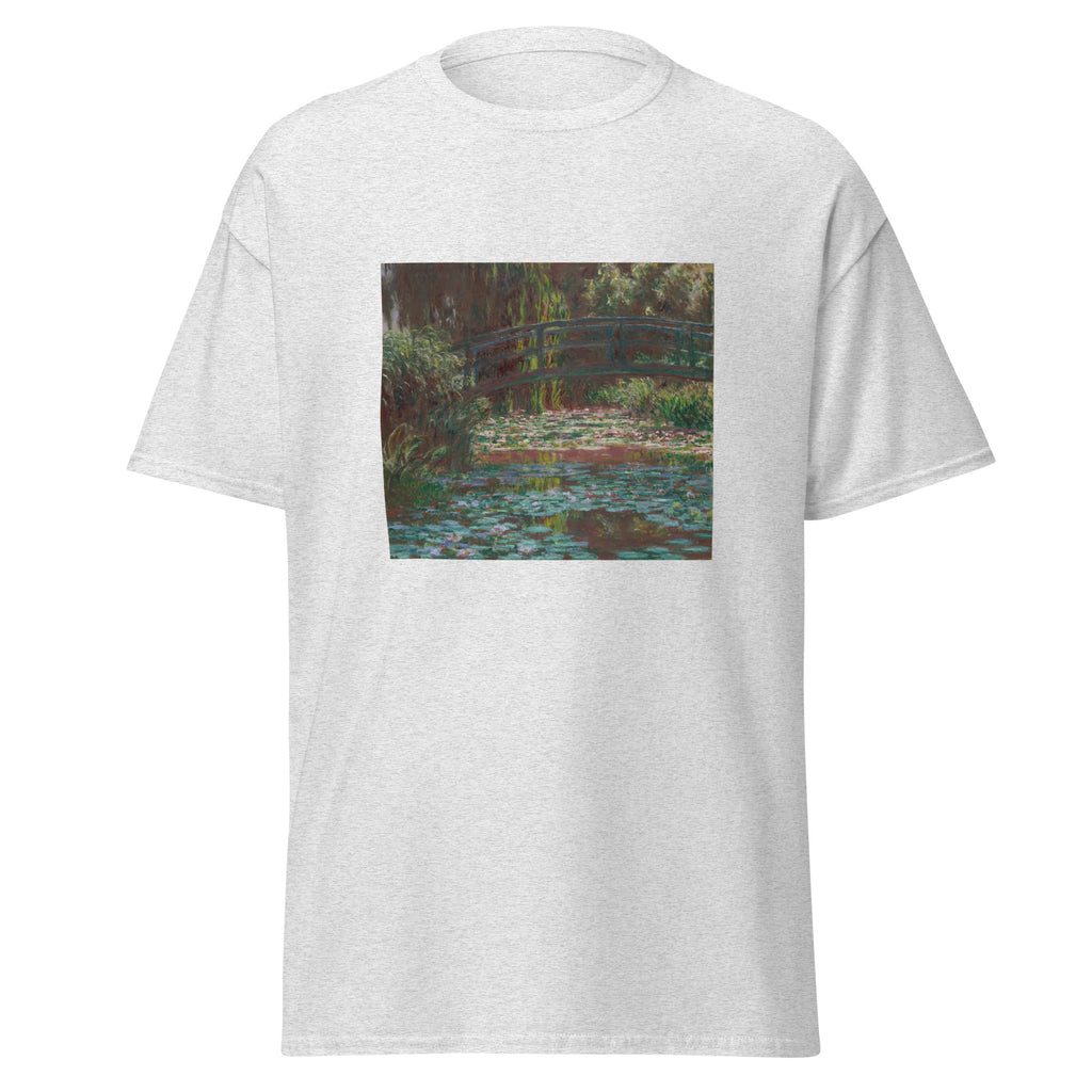 Unisex t-shirt featuring Claude Monet 'Water Lily Pond' artwork, shown in Ash, front view, sizes S–5XL