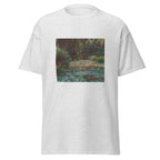Unisex t-shirt featuring Claude Monet 'Water Lily Pond' artwork, shown in Ash, front view, sizes S–5XL