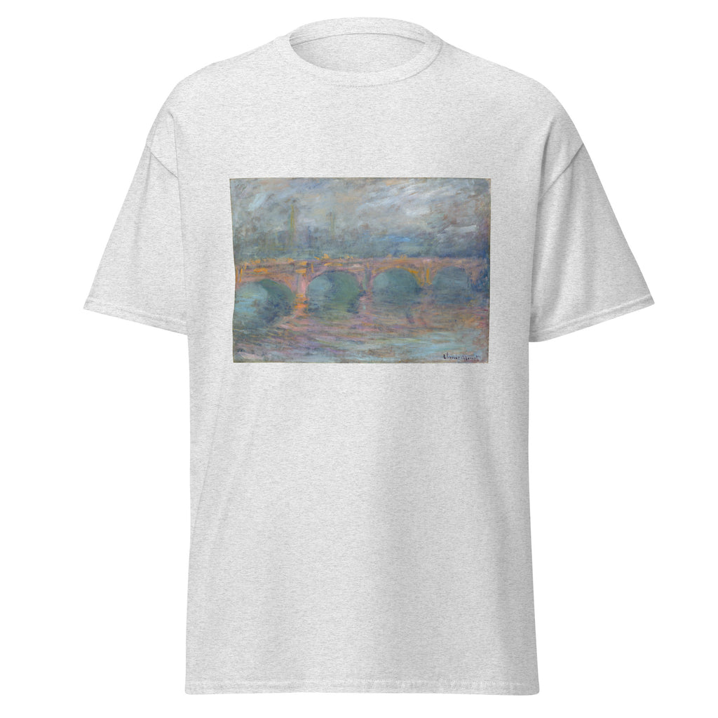Unisex t-shirt featuring Claude Monet 'Waterloo Bridge at Sunset' artwork, shown in Ash, front view, sizes S–5XL