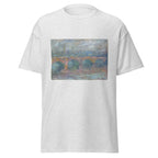 Unisex t-shirt featuring Claude Monet 'Waterloo Bridge at Sunset' artwork, shown in Ash, front view, sizes S–5XL