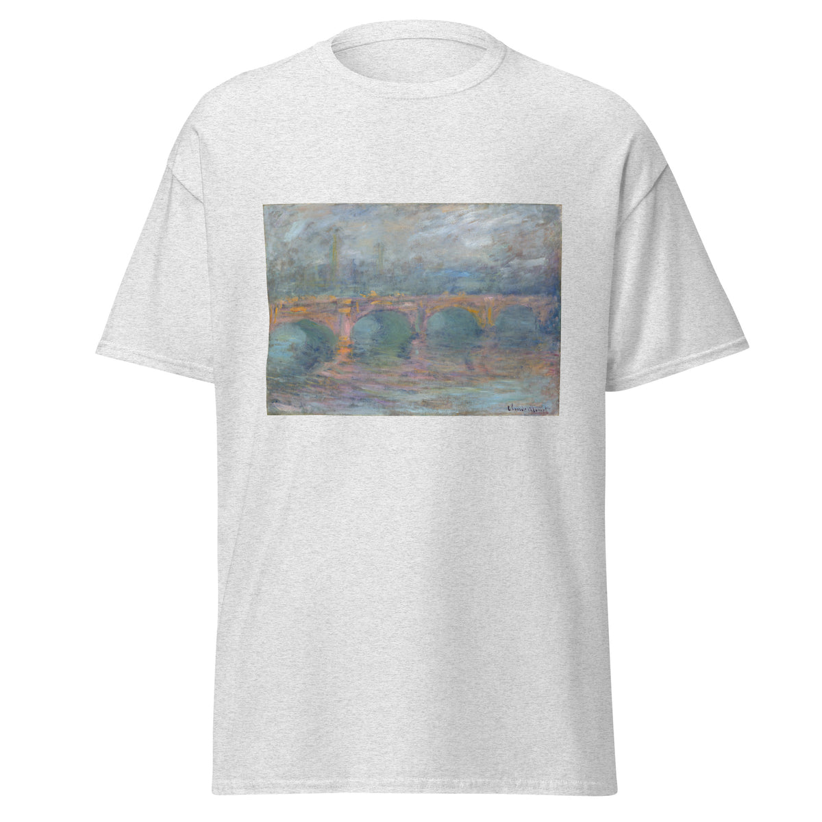 Unisex t-shirt featuring Claude Monet 'Waterloo Bridge at Sunset' artwork, shown in Ash, front view, sizes S–5XL