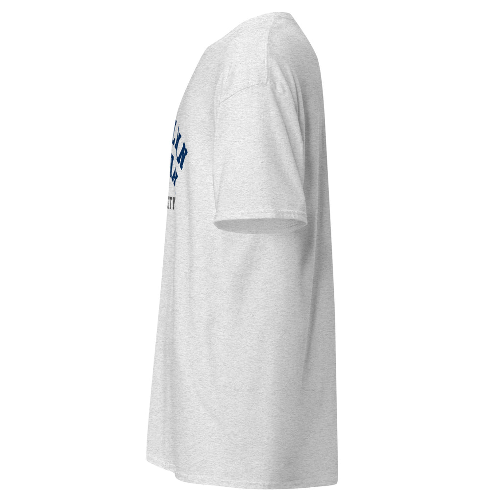 Unisex white t-shirt featuring Australian National University logo printed across the front chest