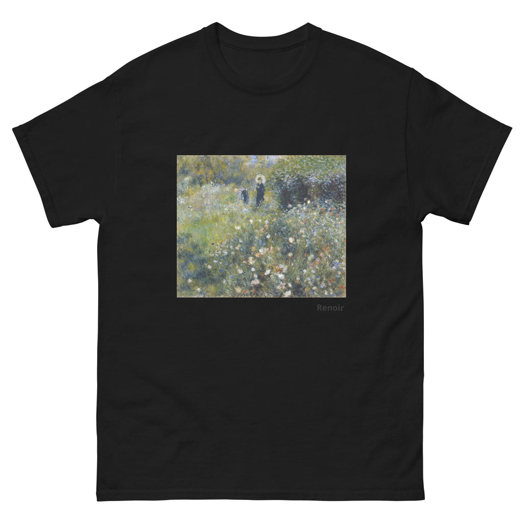 Unisex classic tee featuring Renoir's impressionist painting of a woman with parasol in a garden