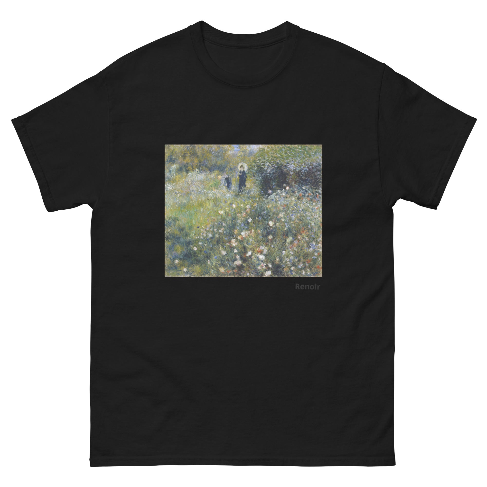 Unisex classic tee featuring Renoir's impressionist painting of a woman with parasol in a garden