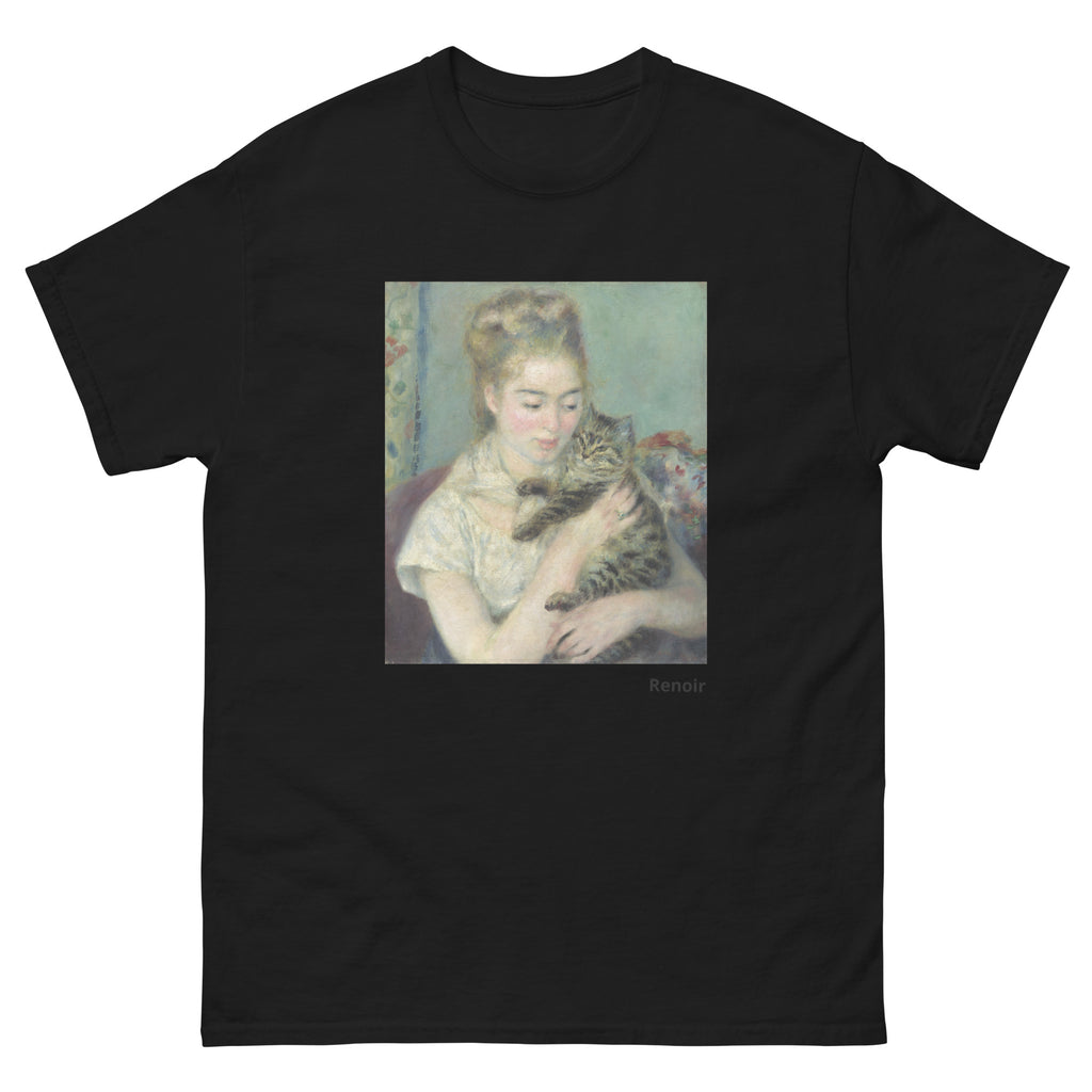 Unisex classic tee featuring Renoir's impressionist painting of a woman holding a cat