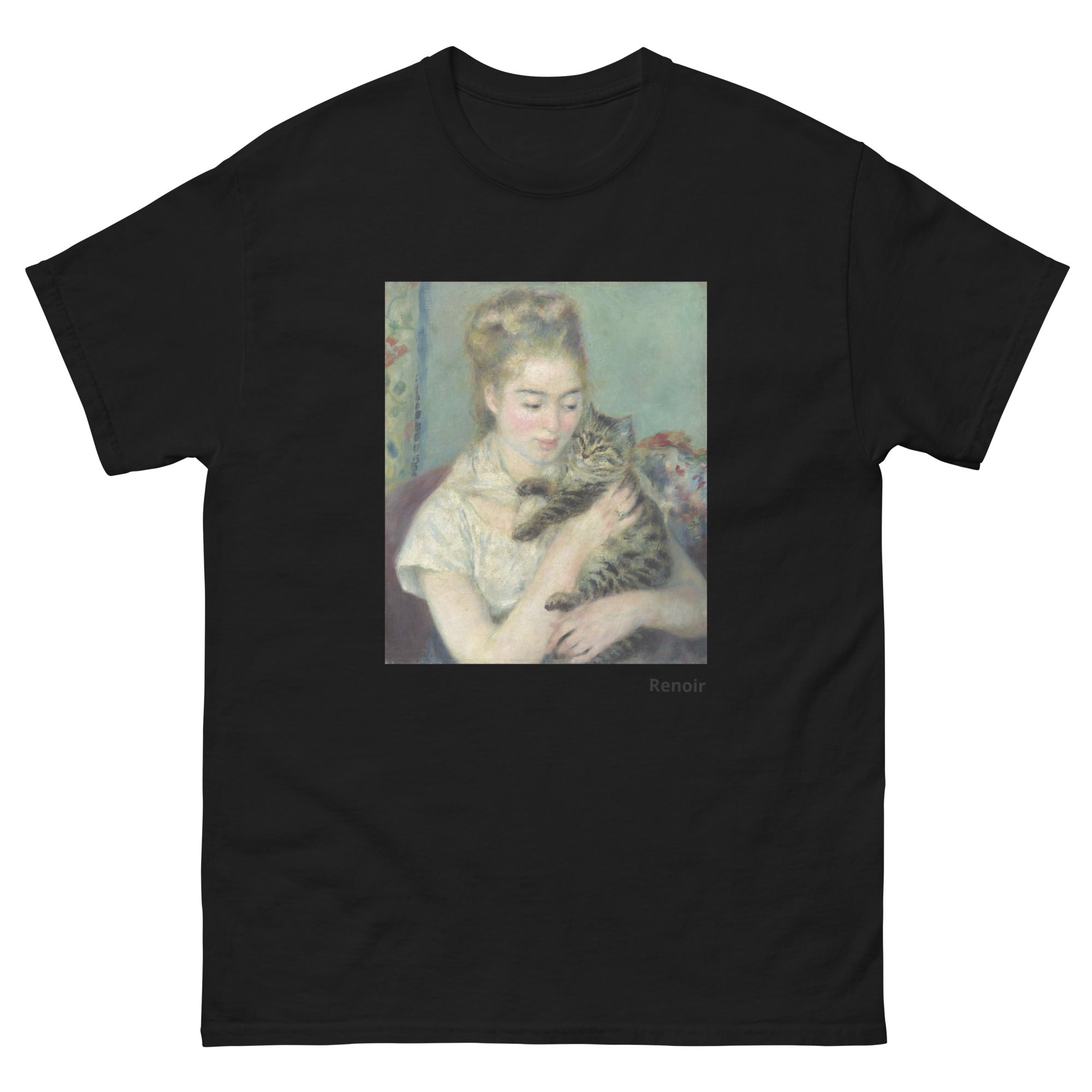 Unisex classic tee featuring Renoir's impressionist painting of a woman holding a cat