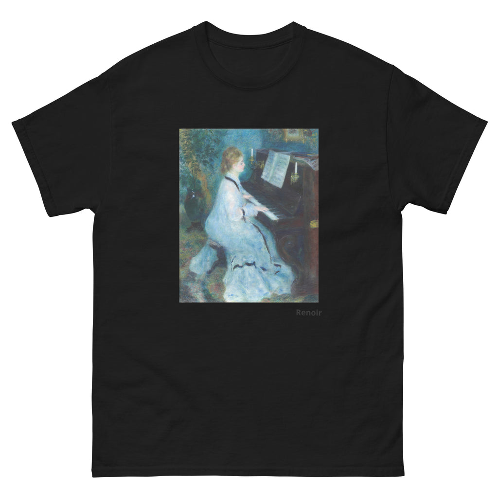 Unisex classic tee featuring Renoir's impressionist painting of a woman seated at a piano