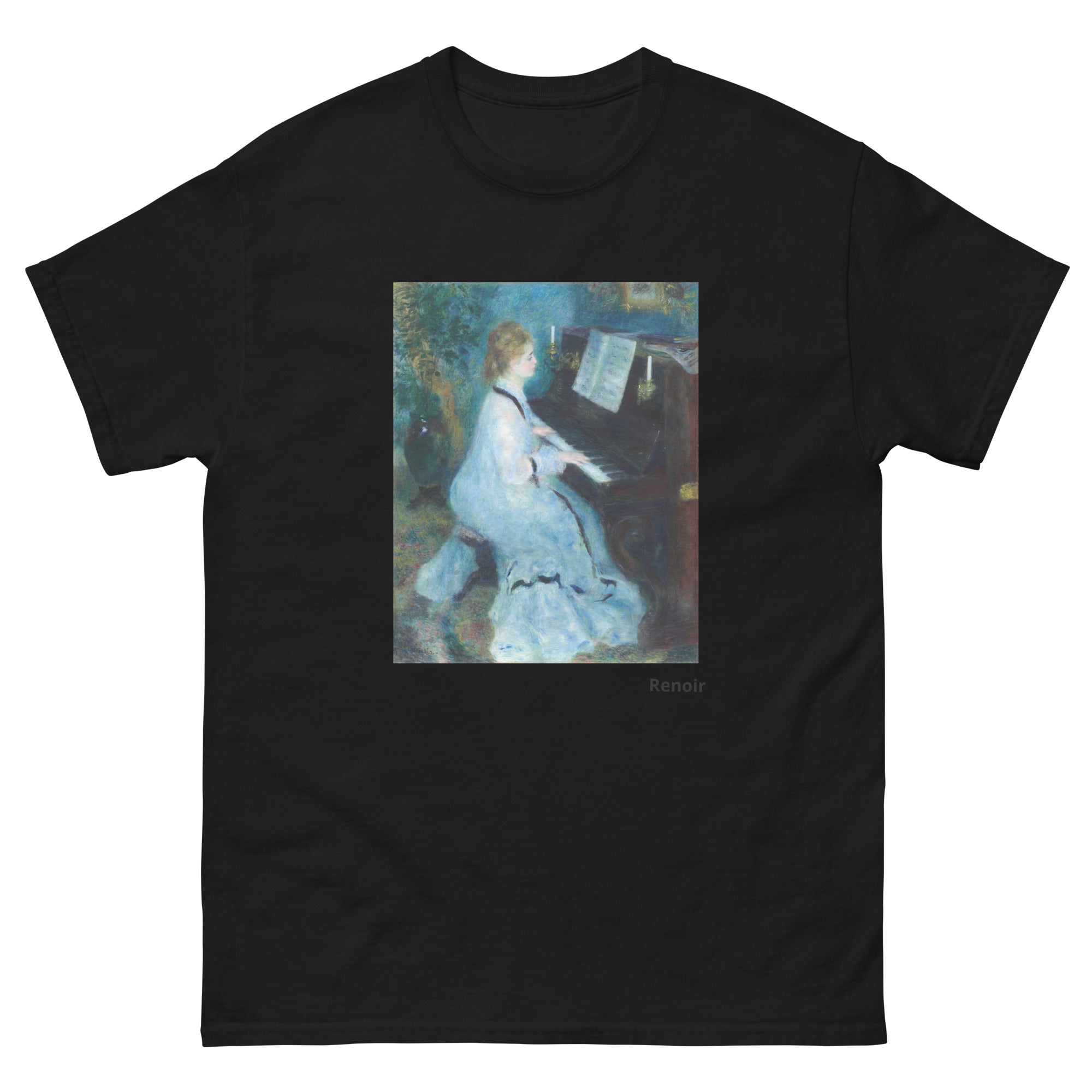 Unisex classic tee featuring Renoir's impressionist painting of a woman seated at a piano
