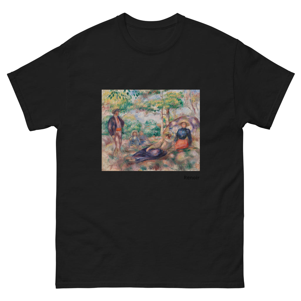 Unisex classic tee featuring Renoir's impressionist painting of figures resting in the grass