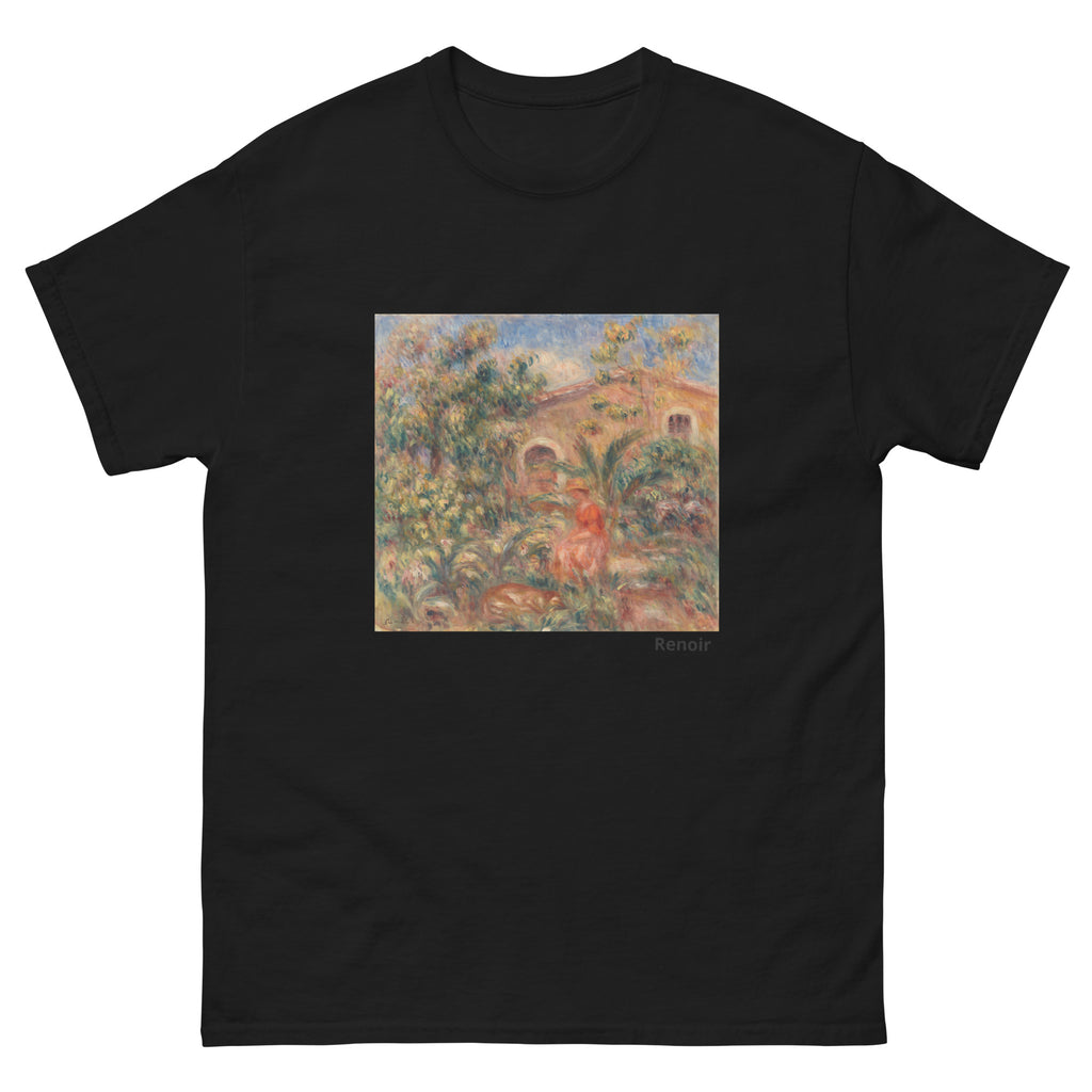 Unisex classic tee featuring Renoir's impressionist landscape with a woman and dog outdoors
