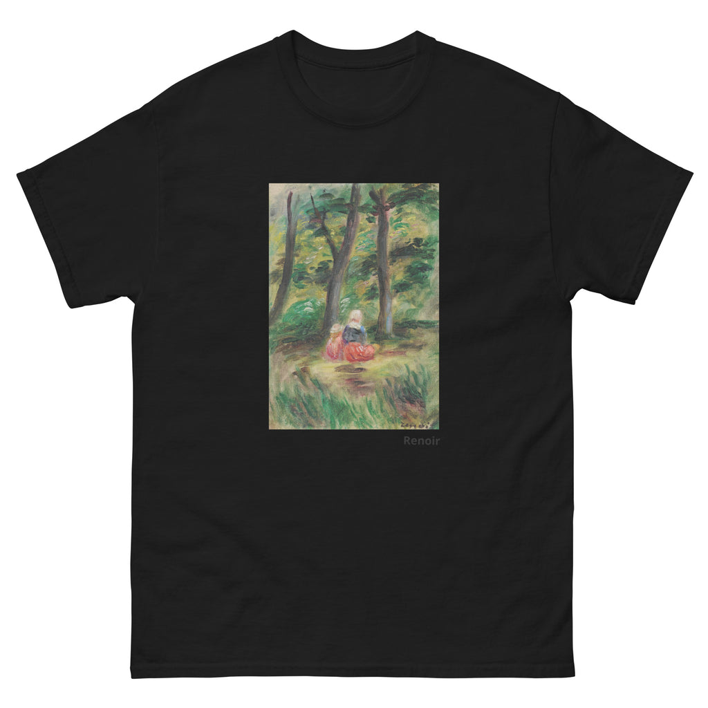 Unisex classic tee featuring Renoir's impressionist painting of a woman and child in a landscape