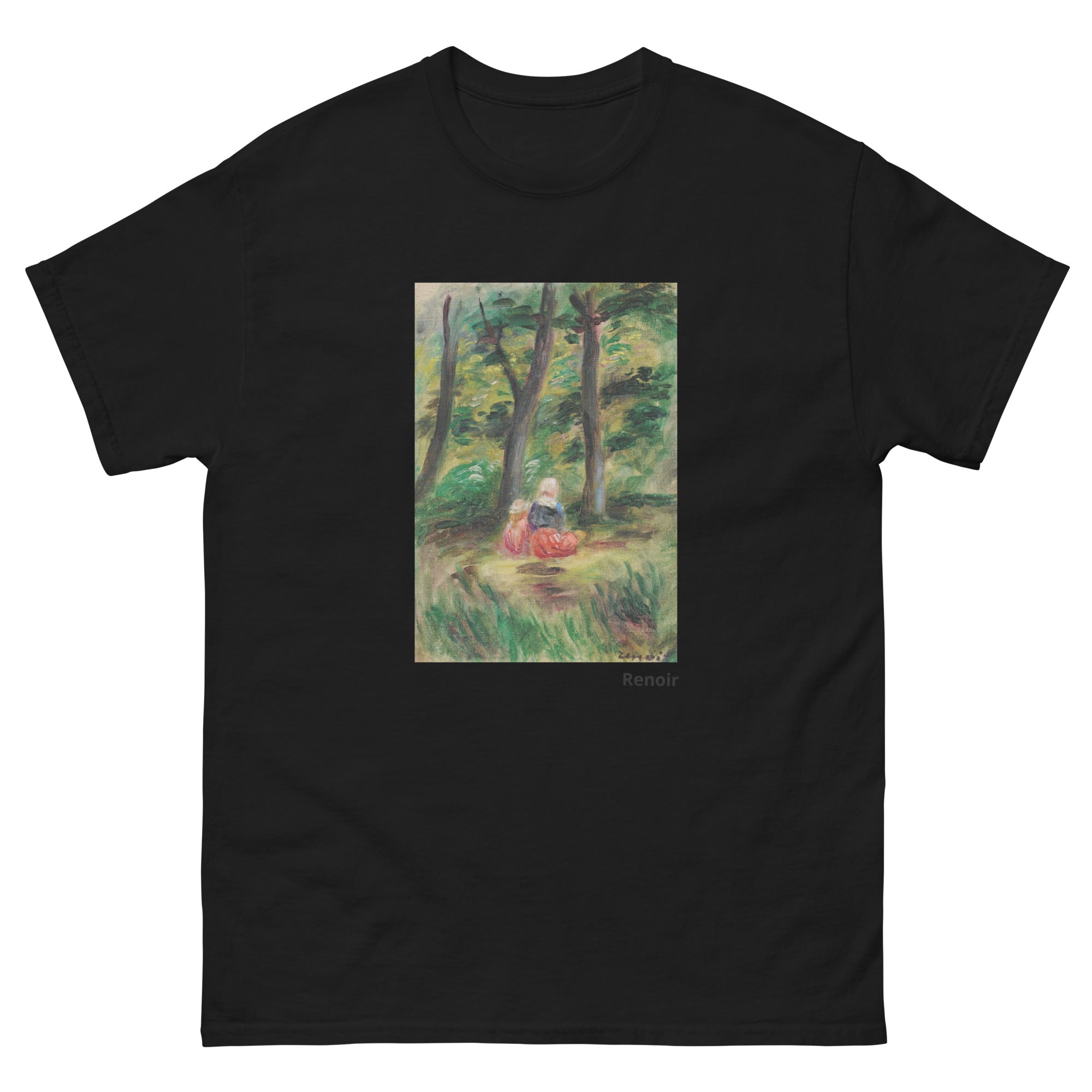 Unisex classic tee featuring Renoir's impressionist painting of a woman and child in a landscape