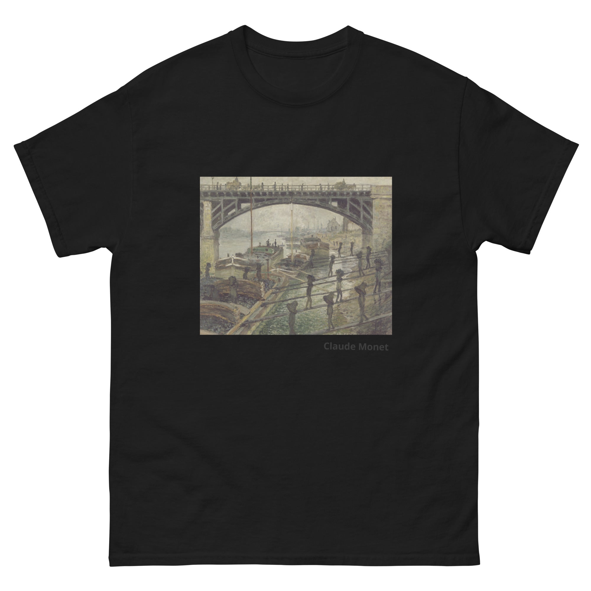 Unisex classic tee featuring Monet's impressionist painting of workers unloading coal from barges