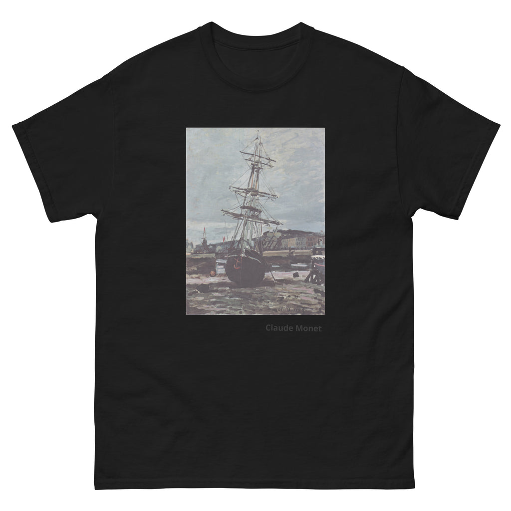 Unisex classic tee featuring Monet's impressionist painting of a stranded boat at Fécamp