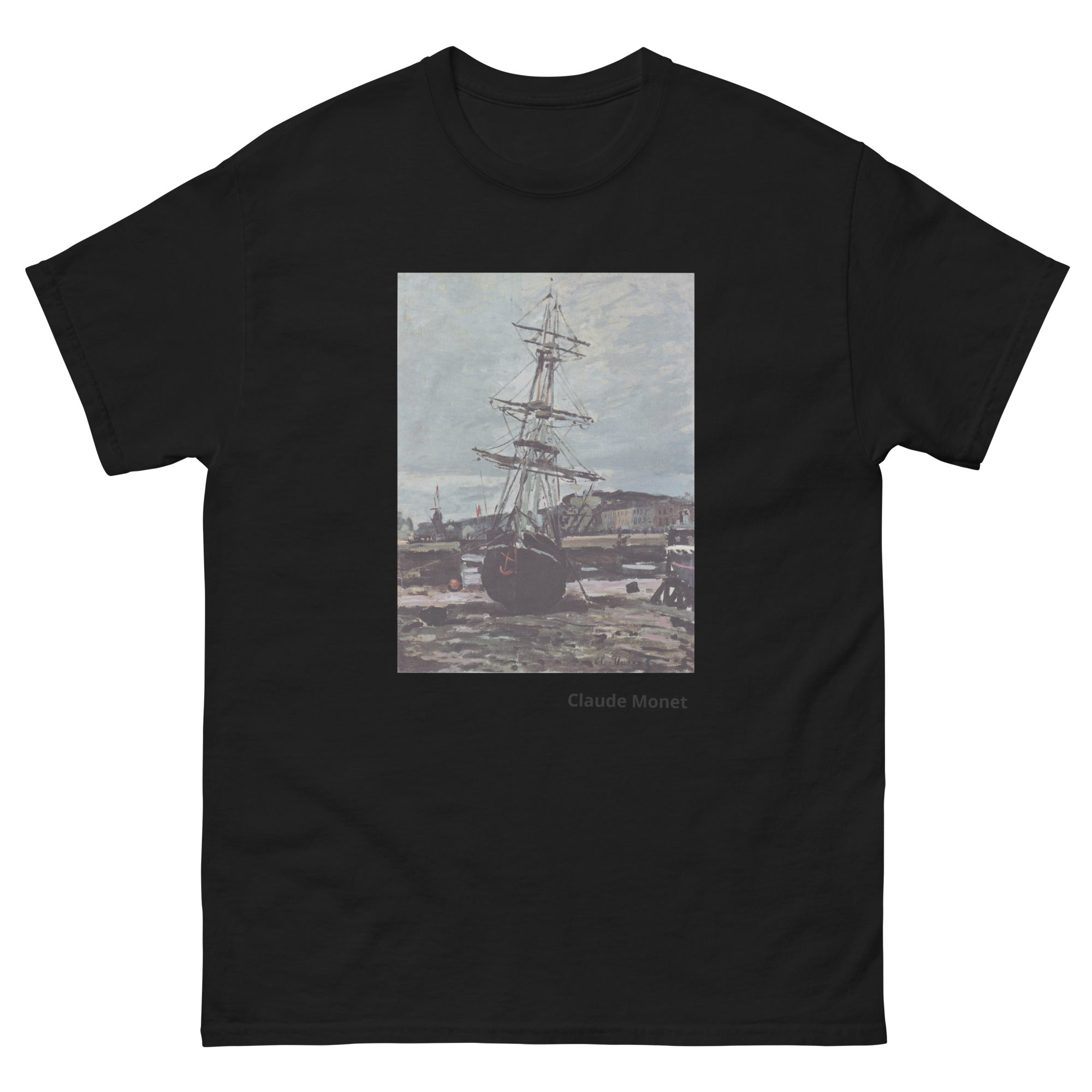 Unisex classic tee featuring Monet's impressionist painting of a stranded boat at Fécamp