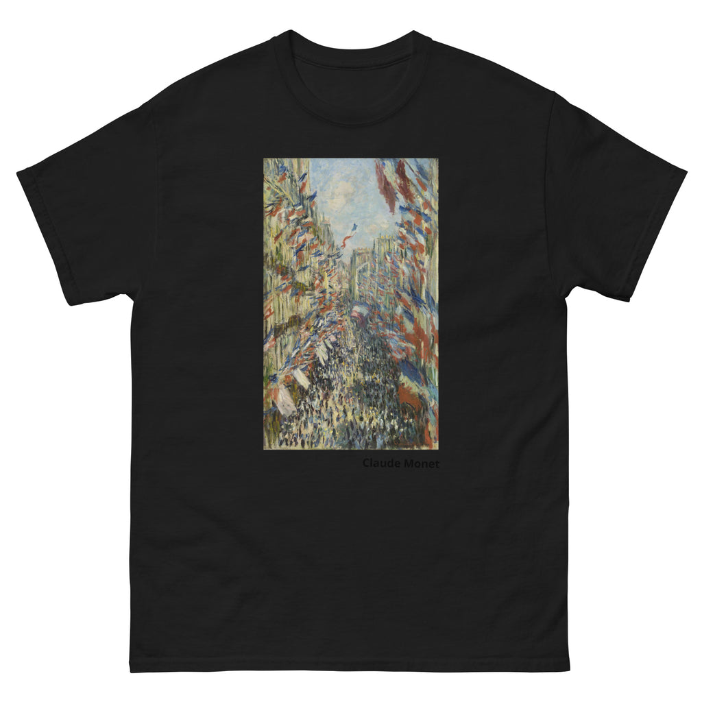 Unisex classic tee featuring Monet's lively impressionist painting of Rue Montorgueil in Paris