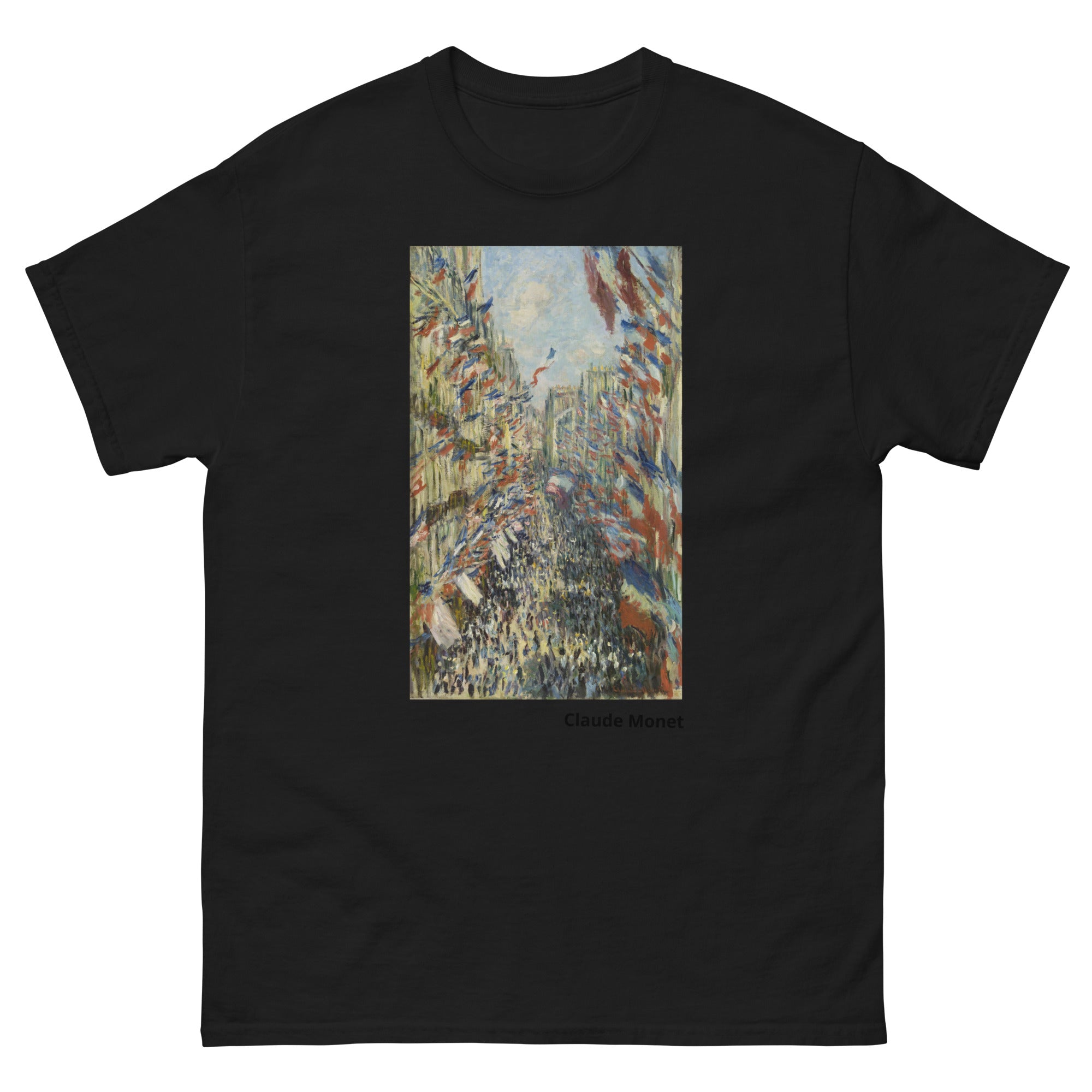 Unisex classic tee featuring Monet's lively impressionist painting of Rue Montorgueil in Paris