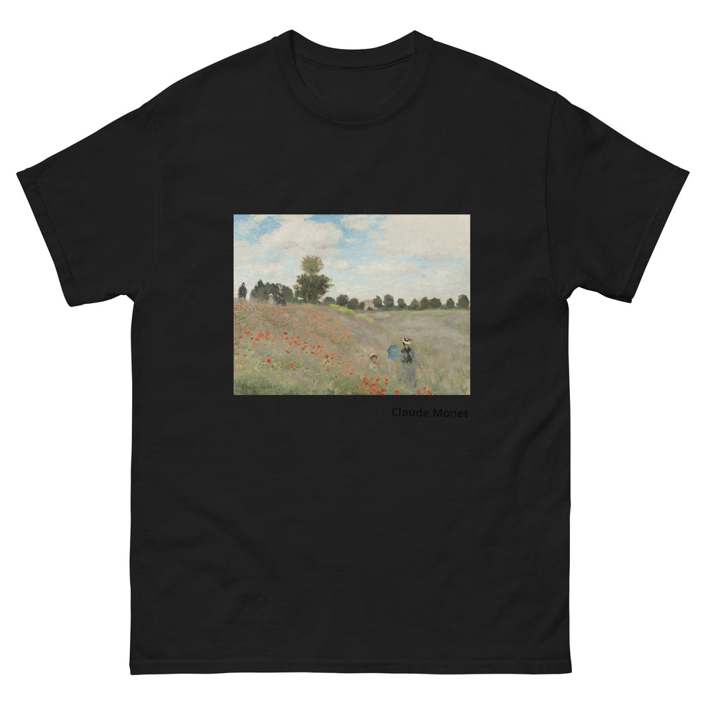 Unisex classic tee featuring Monet's impressionist painting of a red poppy field in summer
