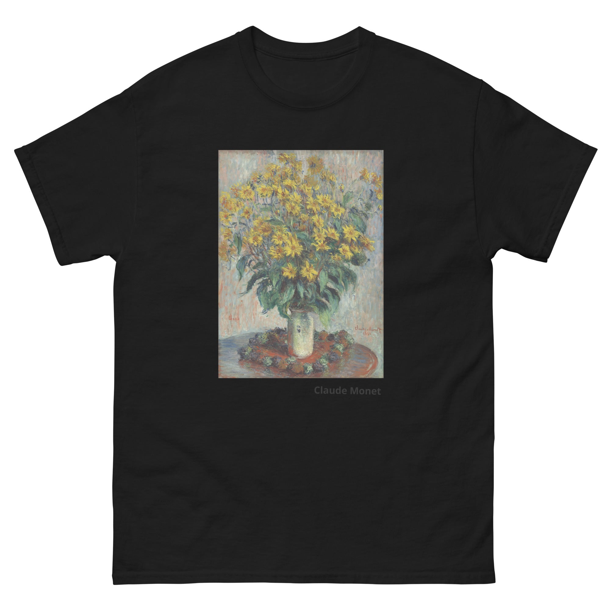 Unisex classic tee featuring Monet's impressionist painting of Jerusalem artichoke flowers in bloom