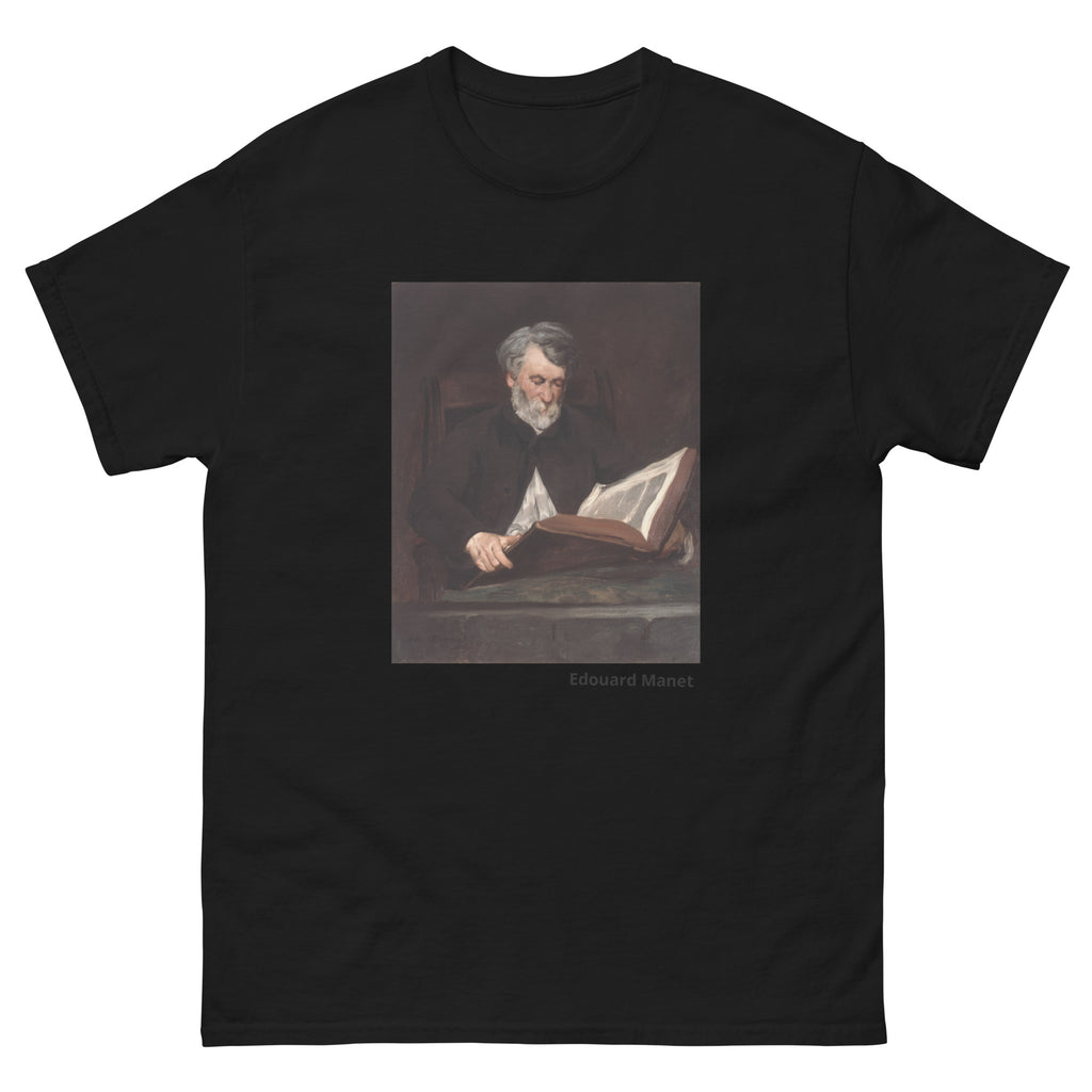Unisex classic tee featuring Manet's impressionist painting of a seated man reading a book