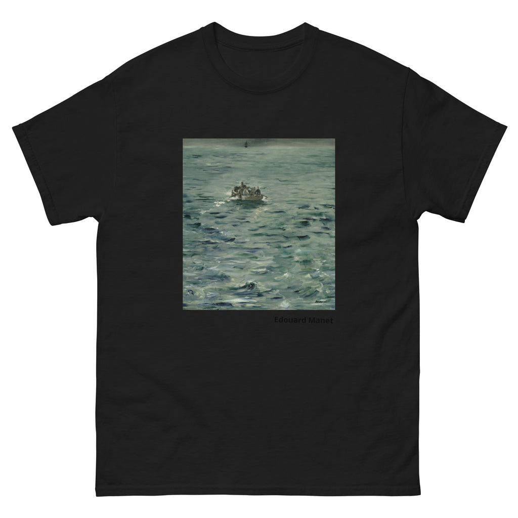 Unisex classic tee featuring Manet's dramatic painting of Rochefort's daring sea escape