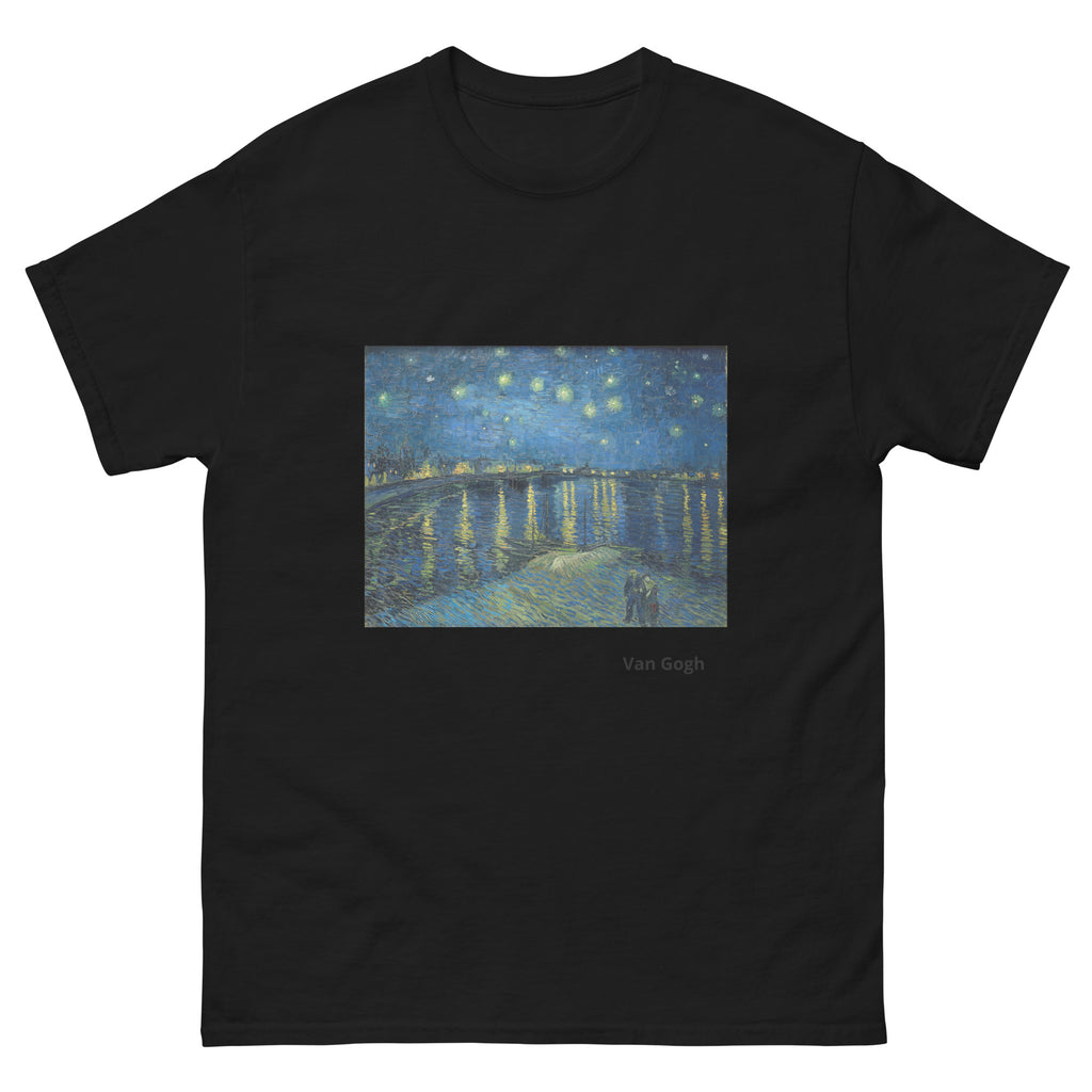 Unisex classic tee featuring Van Gogh's iconic Starry Night with swirling sky and village