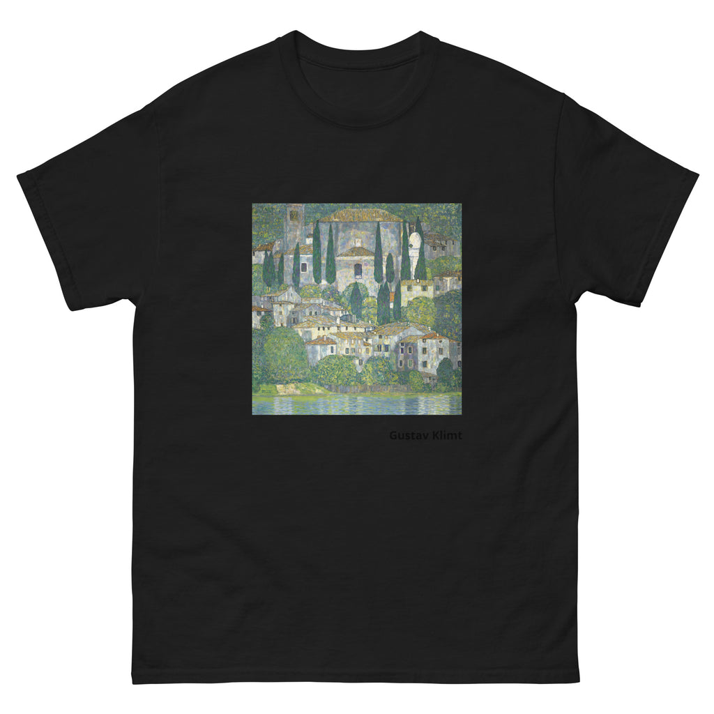 Unisex classic tee featuring Klimt's impressionist painting of a church in Cassone by the lake