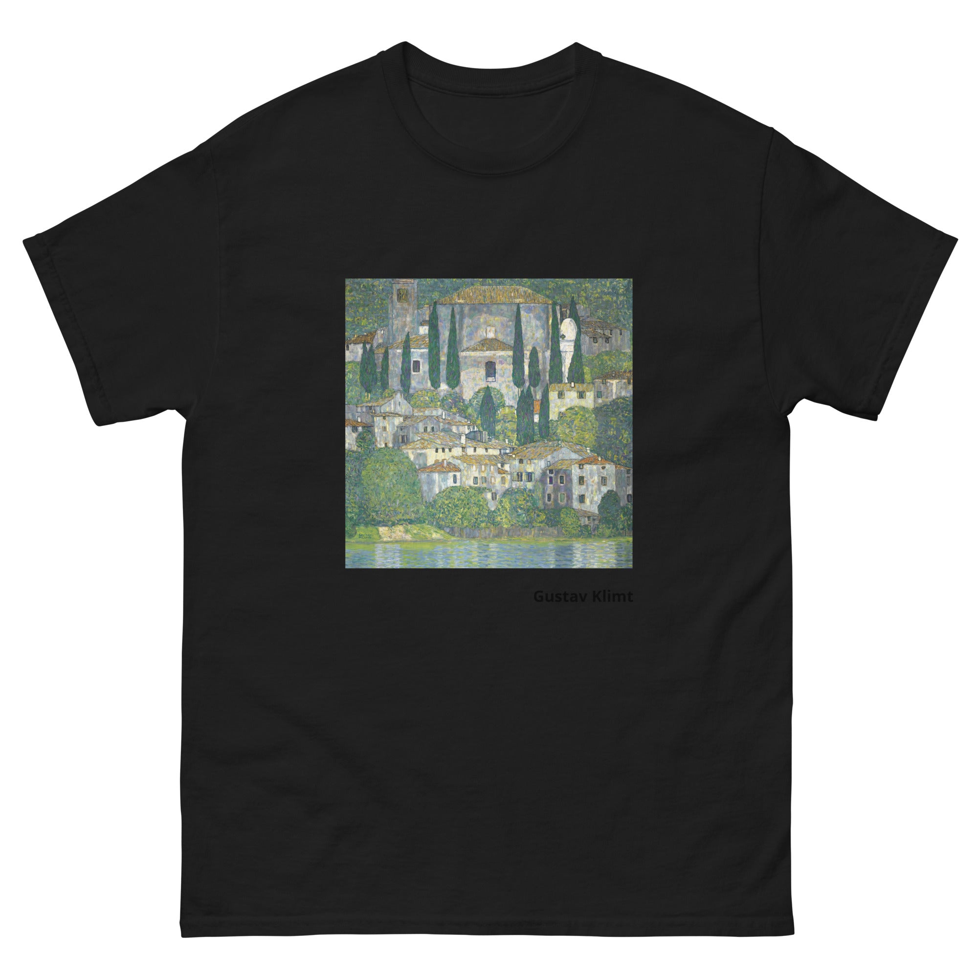 Unisex classic tee featuring Klimt's impressionist painting of a church in Cassone by the lake