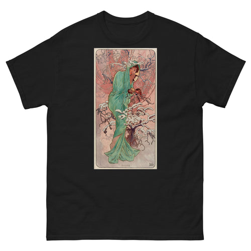 Unisex classic tee featuring Mucha's Art Nouveau illustration of Winter as a draped female figure