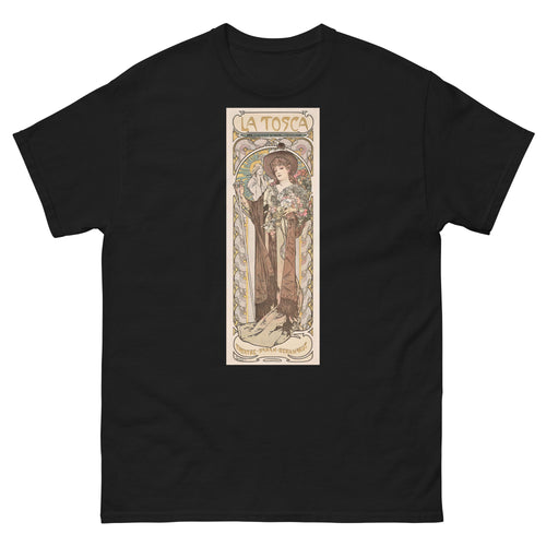 Unisex classic tee featuring Mucha's Art Nouveau theatre poster for Tosca with Sarah Bernhardt