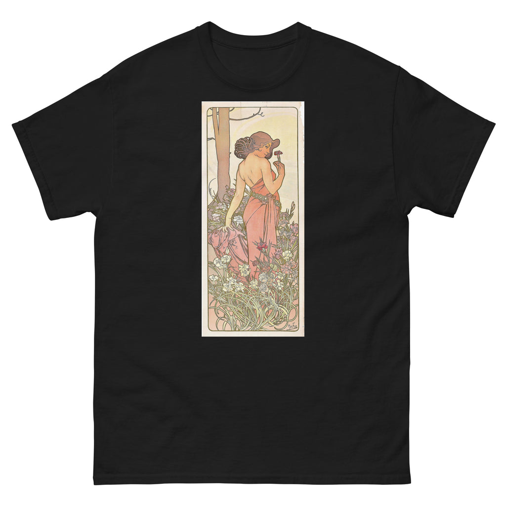 Unisex classic tee featuring Mucha's Art Nouveau decorative panel of a woman with a carnation