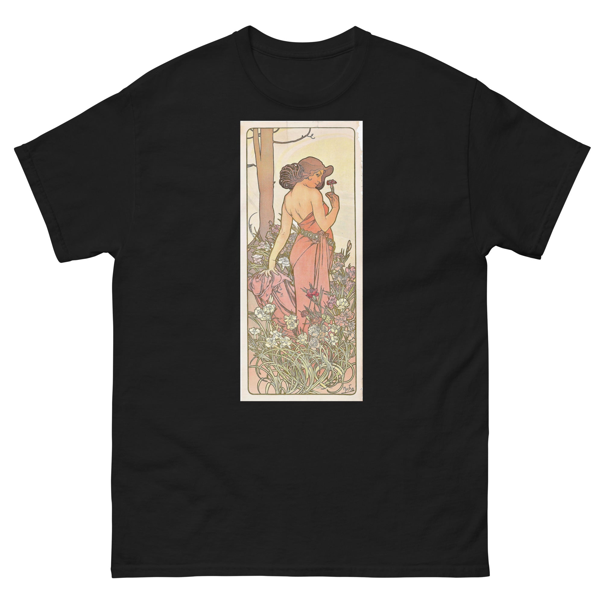 Unisex classic tee featuring Mucha's Art Nouveau decorative panel of a woman with a carnation