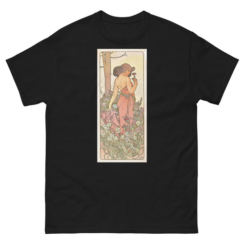 Unisex classic tee featuring Mucha's Art Nouveau decorative panel of a woman with a carnation