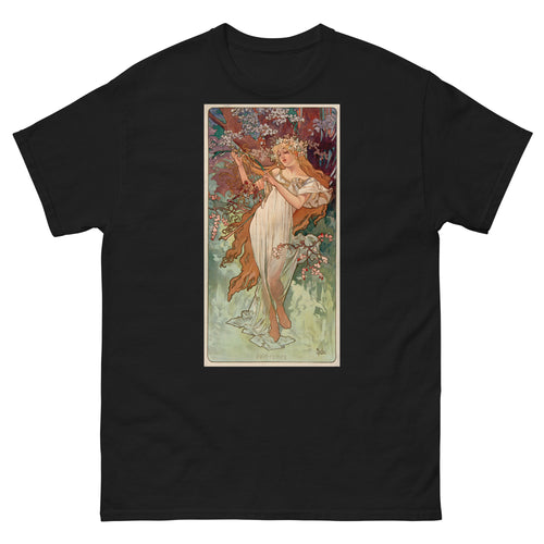 Unisex classic tee featuring Mucha's Art Nouveau Printemps panel of a woman representing spring