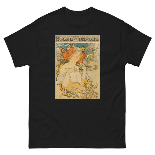 Unisex classic tee featuring Mucha's Art Nouveau Soleil du Dimanche decorative illustration