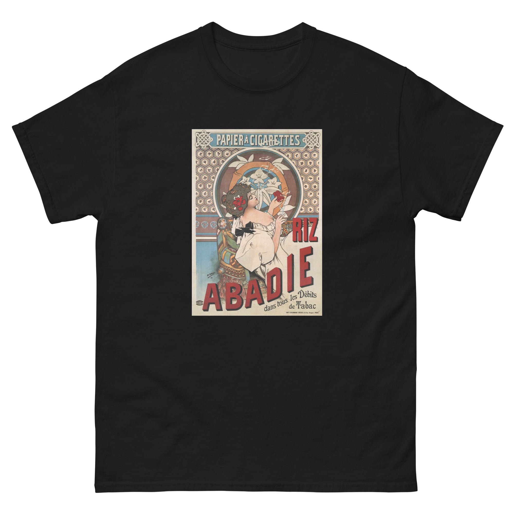 Unisex classic tee featuring Mucha's Art Nouveau Riz Abadie cigarette papers advertising poster