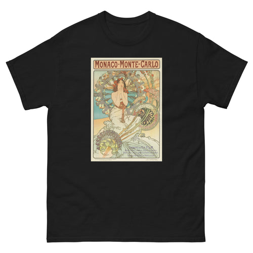 Unisex classic tee featuring Mucha's Art Nouveau travel poster for Monaco and Monte Carlo
