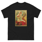 Unisex classic tee featuring Mucha's Art Nouveau Lefèvre-Utile biscuit poster with Sarah Bernhardt