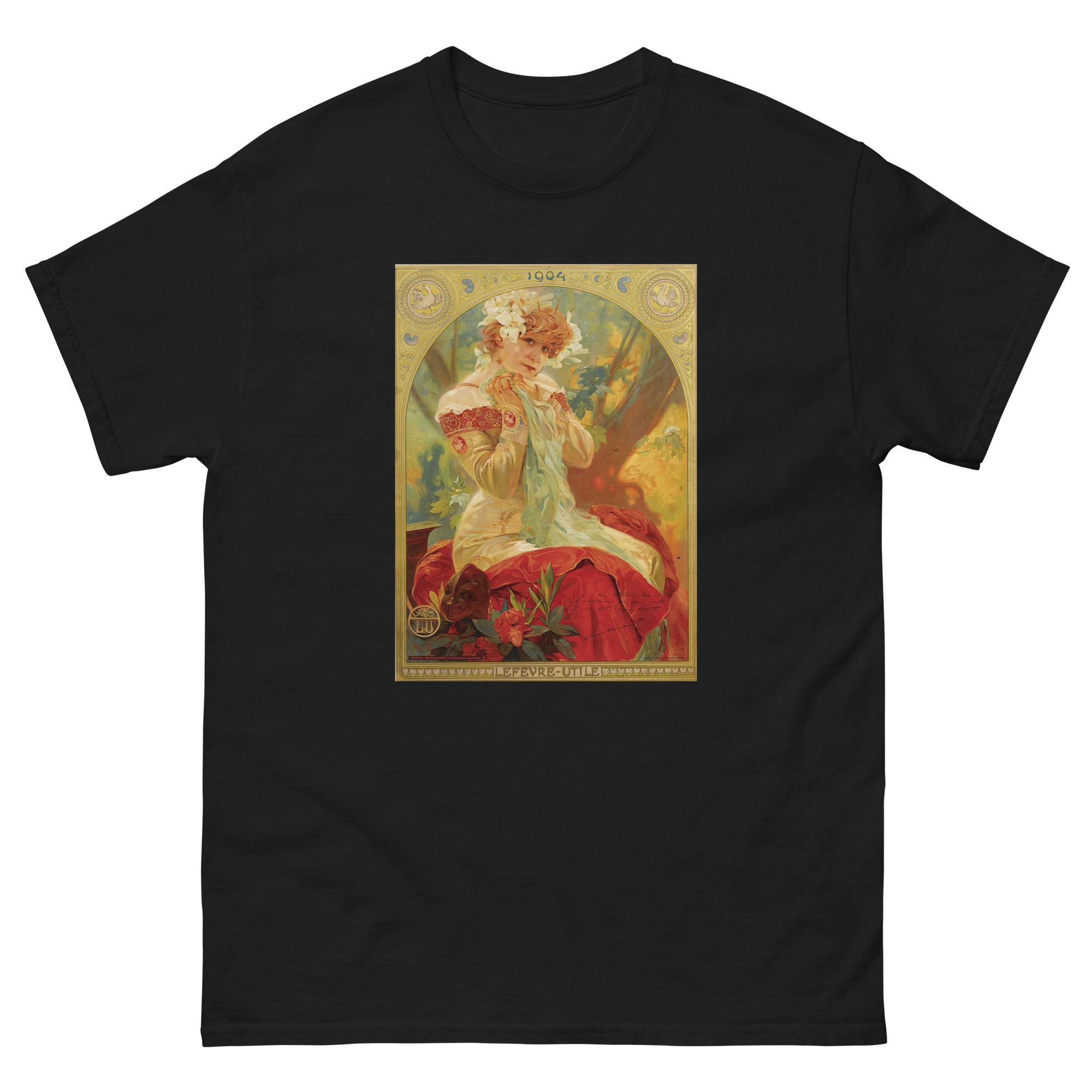 Unisex classic tee featuring Mucha's Art Nouveau Lefèvre-Utile biscuit poster with Sarah Bernhardt